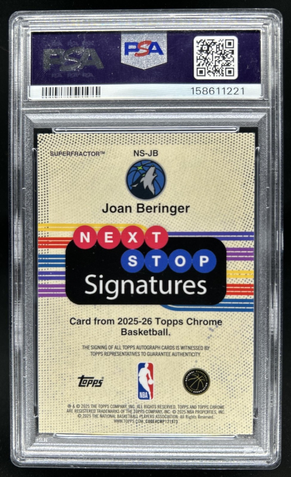 2025-26 Topps Chrome Joan Beringer Next Stop SuperFractor RC Auto #1/1 PSA 8 view 2