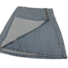 Vintage Denim Wrap Skirt Womens Blue Knee Length Elastic Waist Button Casual