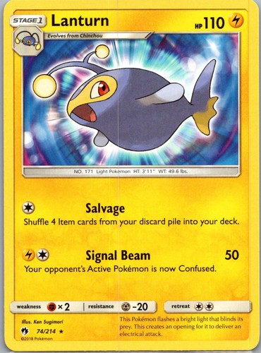 Lanturn 74/214 Rare Lost Thunder Pokemon Near Mint