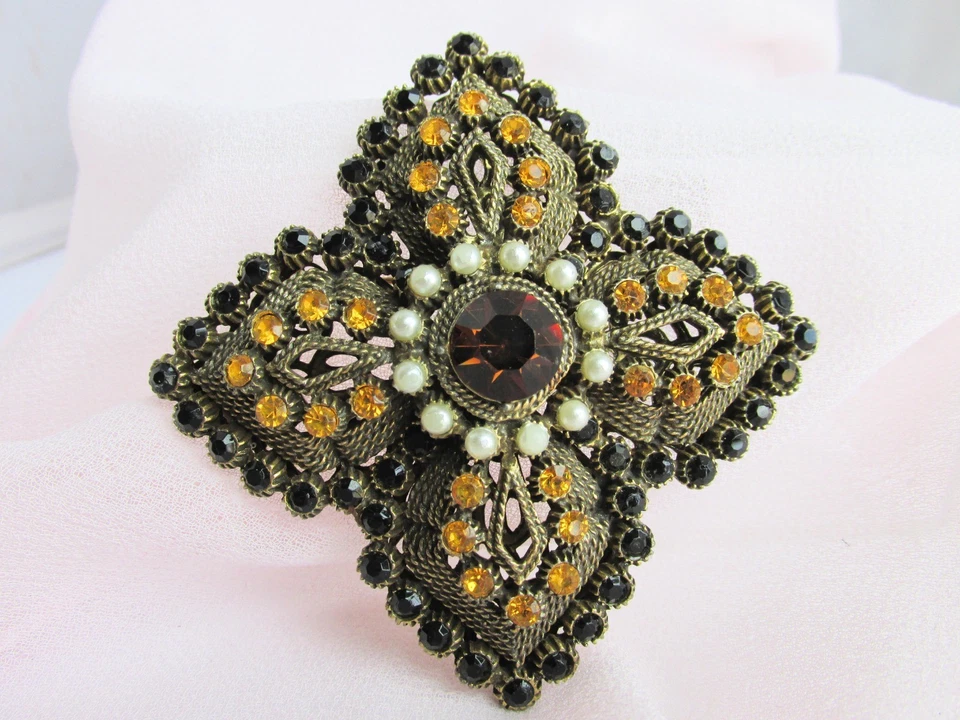 复古 Hobe' 棕色琥珀水钻 3 英寸胸针胸针金盘人造珍珠签名 — 第 4/4 张图片