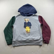 Polo Bear Ralph Lauren Hoodie Sweatshirt Youth Small 8 Gray Colorblock Preppy
