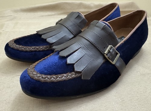 Beryl Bespoke Blue Velvet Kilty Fringe Buckle Loafers EU 42 US 8.5-9