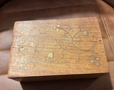 Vintage Ornate Wooden Trinket Box with Brass Inlay Hearts leaves