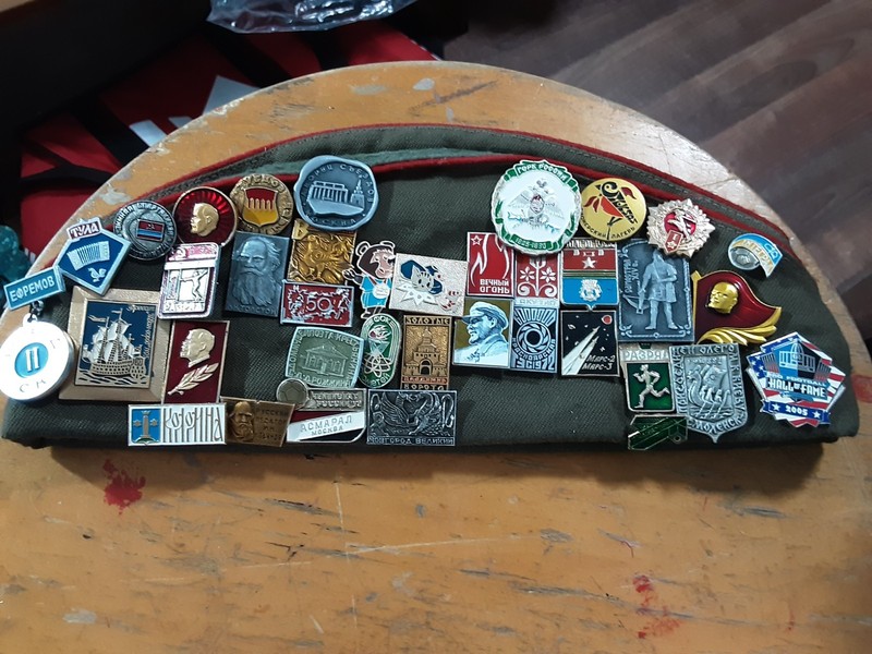 VINTAGE SOVIET PILOTKA SIDE CAP W/ 25+ BADGES,PATCHES MARS SPACE 1957 FESTIVAL 