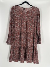 Shein 100% rayon tiered dress size L brown floral midi bell sleeves boho country