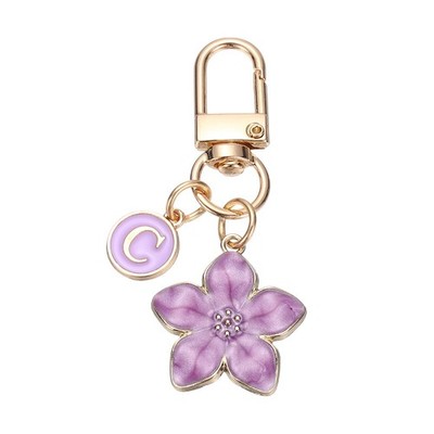 Cute Flower Keychain, Letter-C Initial Keychain Charm for Women, Purple