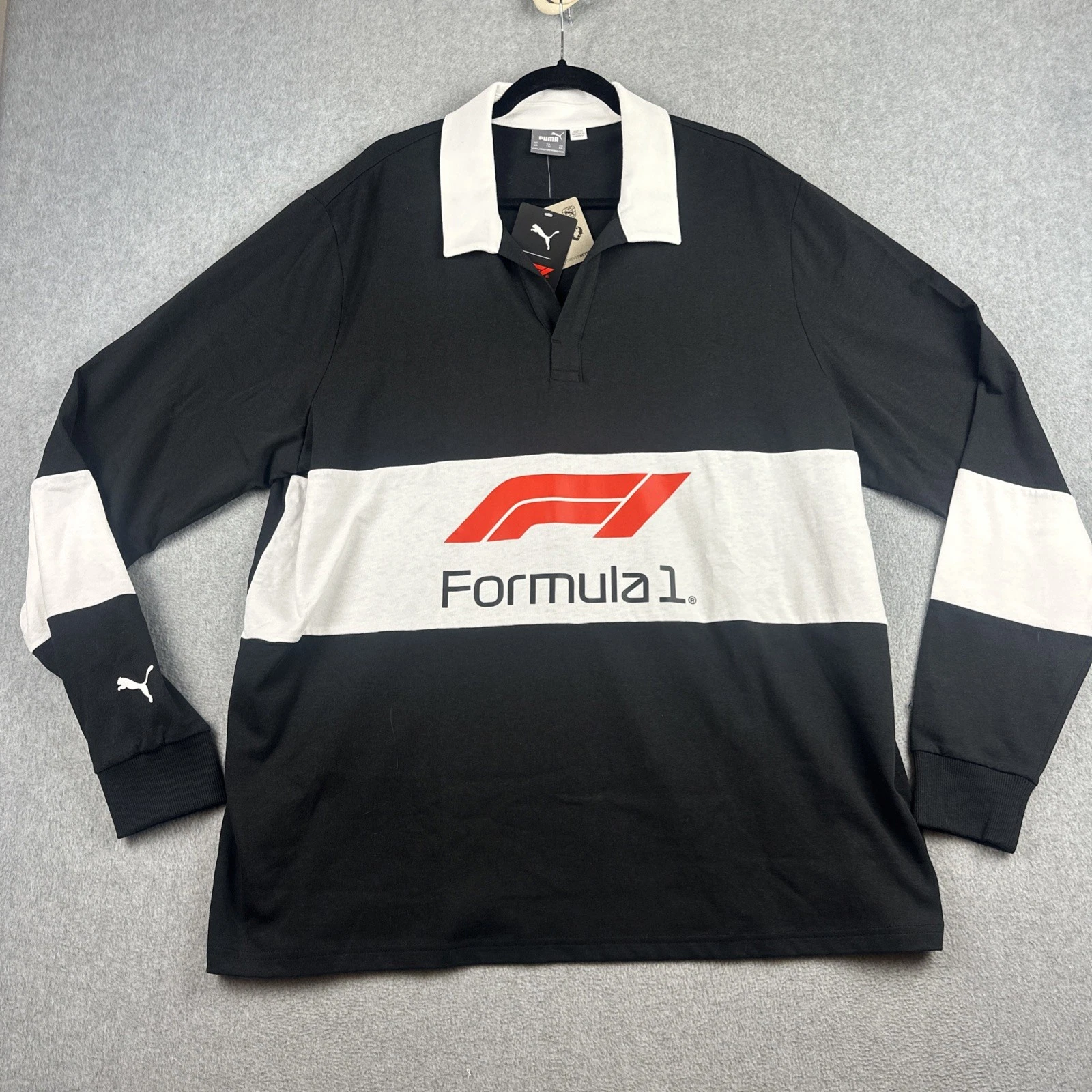 Puma Formula 1 Shirt Mens 2XL Black White Rugby Long Sleeve Stretch Racing NWT