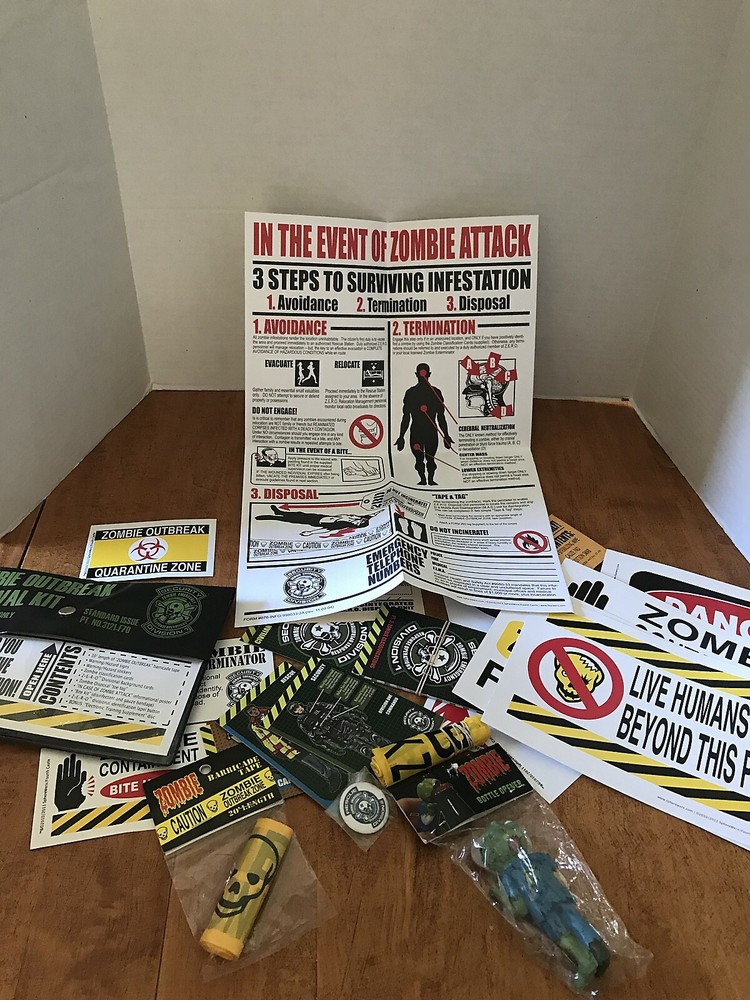 ZOMBIE OUTBREAK SURVIVAL KIT, BARRICADE TAPE, BOTTLE OPENER LOT POSTER, BITE KIT