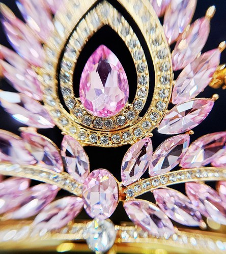 Quinceanera Crown, Pink Rhinestone Crown, Large Size Crown, Gold Crystal Crown - Picture 3 of 7