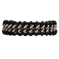 Braided Leather Silver Stainless Steel Cuban Chain Men's Bracelet Bangle