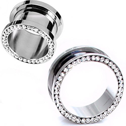 Screw-on Plugs Gauges Tunnels Surgical Steel with Clear CZ Pieces  A/3/3/20