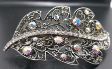 New Antique Silver Filigree Leaf With Iridescent Crystal 3 1/2 '' Hair Barrette