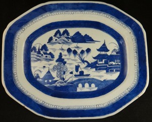 Large Antique Chinese B&W Canton Platter. HP Pagota Pattern, 14 3/8” x 11 ¾”