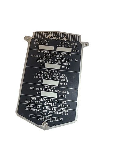 Vintage Nash Service Guide Plate Series 4900 NOS Antique Car ID Badge Part #E