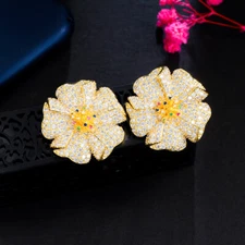 Luxury Fashion Dubai Yellow Gold Plated Cubic Zirconia Big Flower Stud Earrings