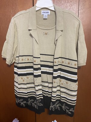 Women's Alfred Dunner Sweater XL Beige Beaded Short Sleeve Two Layer Button