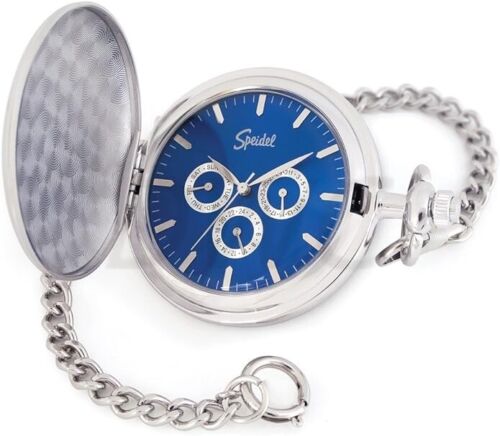 Speidel Classic Brushed Satin Silver-Tone Pocket Watch with 14" Chain Blue Dial