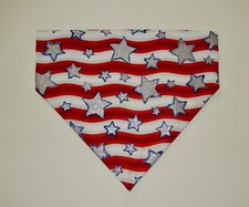 JULY 4TH PATRIOTIC SILVER STARS RED/WHITE STRIPES DOG SCARF/BANDANA--S, M, L