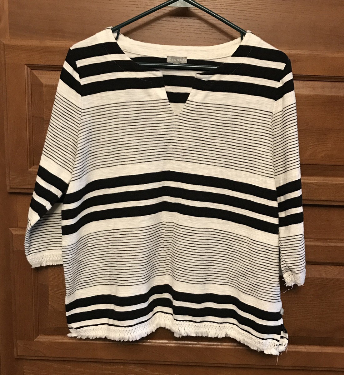 Talbots black white Striped Knit Pullover Sz Xp shirt top fringe