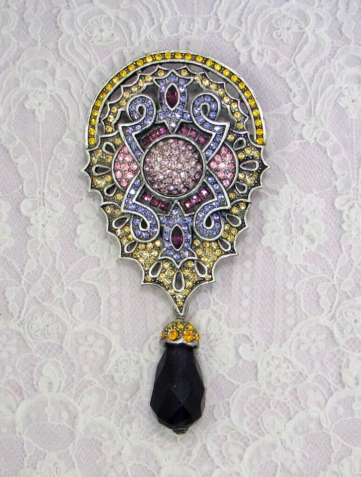 LaVintage Kathy Levine QVC Multi-Color Crystal Cluster Large Brooch Glass Dangle