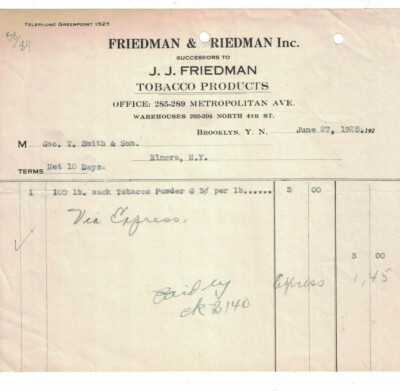 Jun 27 1925 Invoice Friedman & Friedman JJ Friedman Tobacco Products  Brooklyn NY