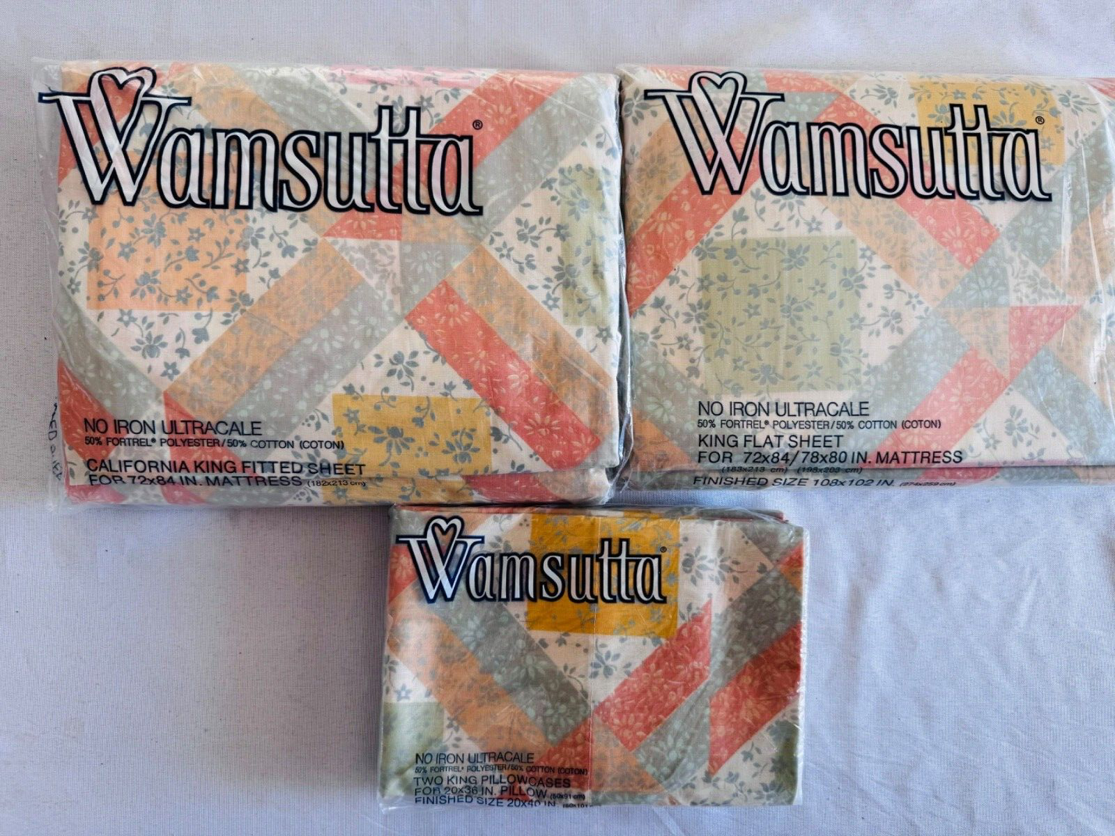 VINTAGE WAMSUTTA SHEET SET CAL KING FITTED KING FLAT 2 KING PILLOW COUNTRY PATCH