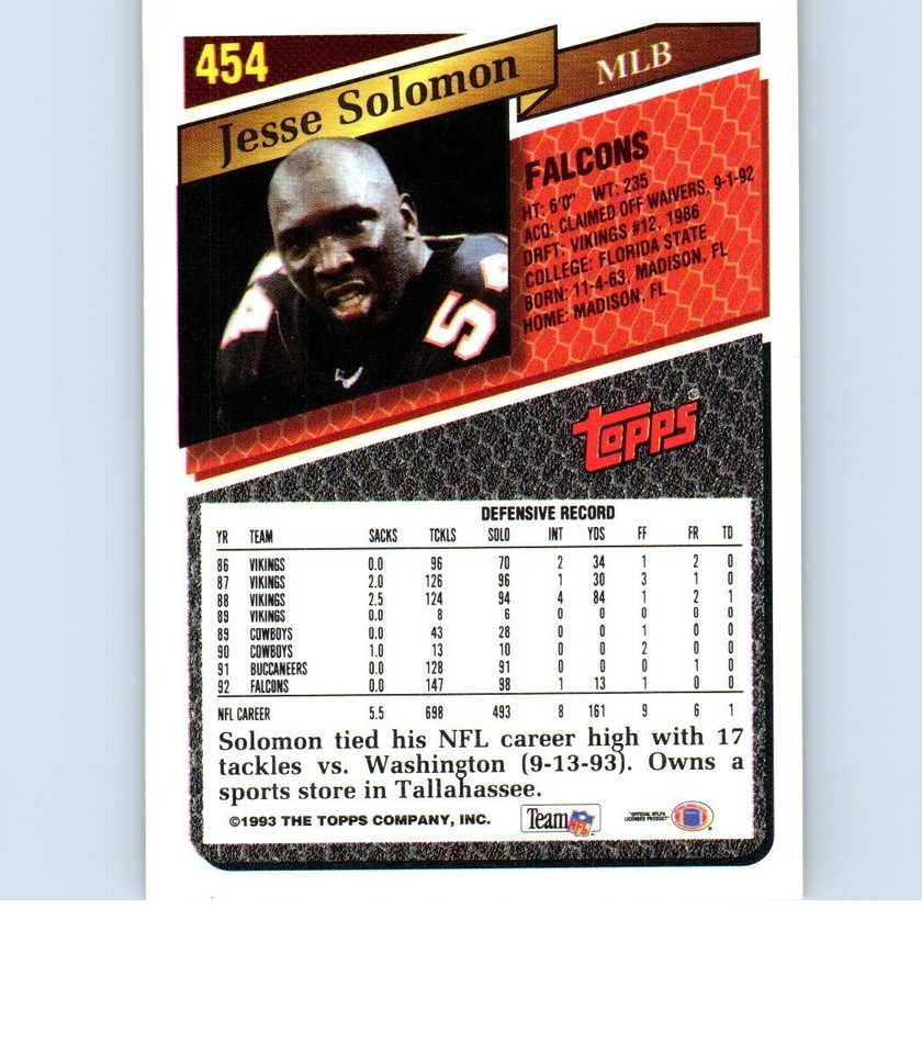 Jesse Solomon 454 Falcons 1993 Topps Football Trading Card eBay