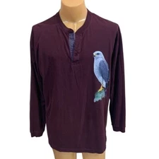 Hand Printed Upcycled Mens Large Gray Hawk Bird Long Sleeve Henley Tee