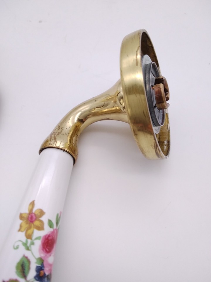Vintage Brass Porcelain Ceramic Floral Door Handles Levers x 2 90s