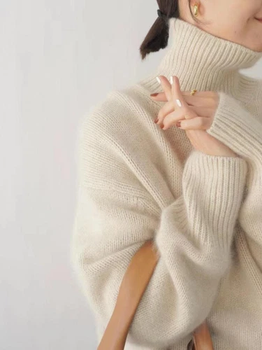 Suéter Suelto Cálido Tejido Otoño Grueso Mezcla Cachemira para Mujer Cuello Alto - Imagen 12 de 26