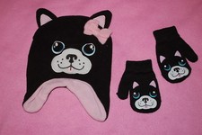 Toddler Girls Set CUTE PUG DOG Black Pink FLEECE WINTER HAT Stretch Mittens