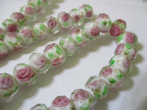 16 White Floral 9x7 mm Faceted Lampwork Glass Beads PB