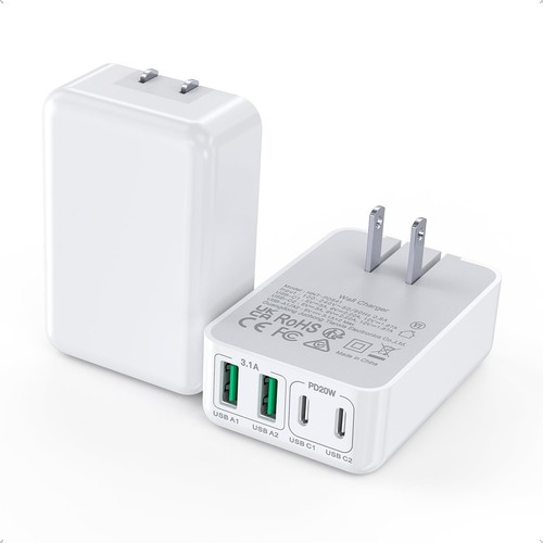 2Pack Flat USB C Wall Charger,40W 4Ports Foldable & Slim Fast Charging Block,...
