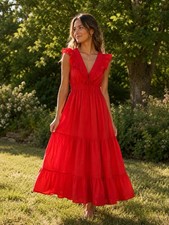 Japna Tiered Maxi Dress Womens XL Red Ruffle V-Neck Cotton Boho Sleeveless