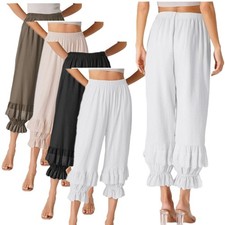 Women Lace Trim Long Bloomer Elastic Ruffle Pantaloons Cropped Flared Slips Pant