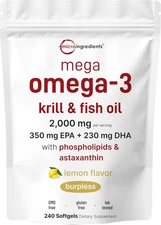 Mega Omega-3 Krill & Fish Oil 2,000Mg Equivalent, 240 Softgels | Lemon Flavored