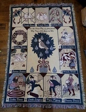 Vintage 12 Days of Christmas Tapestry Fringed Blanket 48 X 68 Afghan Throw Wall