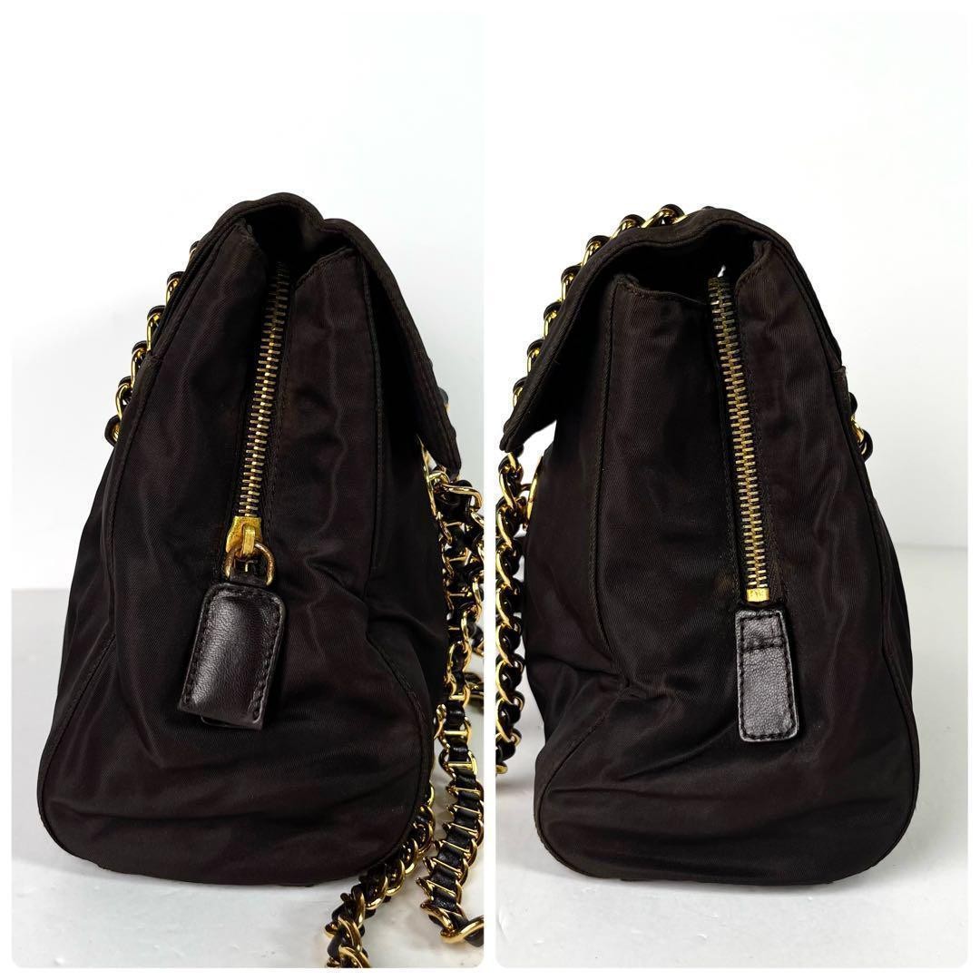 PRADA Double Chain Triangle Logo Shoulder Bag Brown thumbnail 4