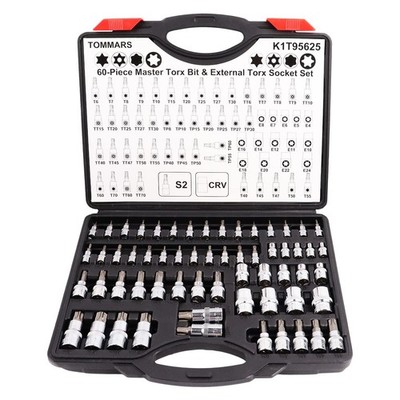 TOMMARS 60-Pc Master Torx Bit Socket and External Set 1/4'',  60-Piece 