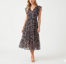 Banana Republic Black Floral Ruffle Sleeve Midi Dress Romantic 0 NEW NWOT $149