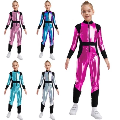 UK Kids Girls Alien Cosplay Costume Outer Space Outfit Glossy Metallic Jumpsuit