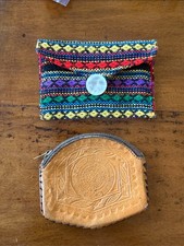 Mexican Tooled Leather Coin Purse  Aztec Woven Textile Pouch Set
