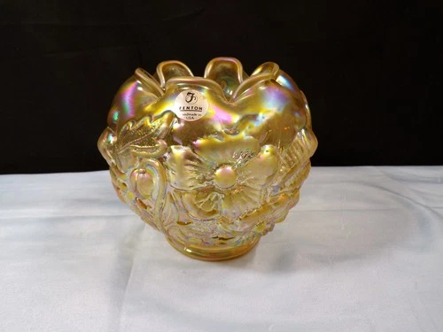 Fenton Gold Carnival Glass Poppy Rose Bowl Vase INV2