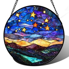 Stained Glass Window Hanging, Blue Sky Gold Stars 15x15 IN Black Purple