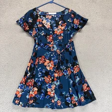 Forgiveness Womens Flirty Belted Floral Skater Dress Blue Size M