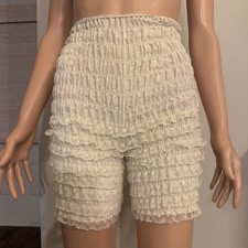Vintage Ivory Ruffled Lace Bloomers Smocked Waist Pantaloons Size M Stretchy