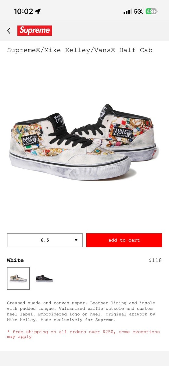 Supreme Mike Kelley Vans® Half Cab White Size 10 CONFIRMED ORDER