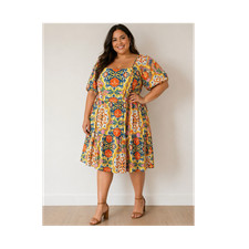 Vince Camuto Dress 20W Floral Cotton Square Neck Puff Sleeve Midi NWT
