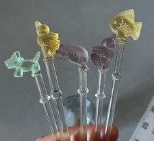 5 Antique Uranium Glass Swizzle Sticks Scottie Duck Fish Czech Molded 1920