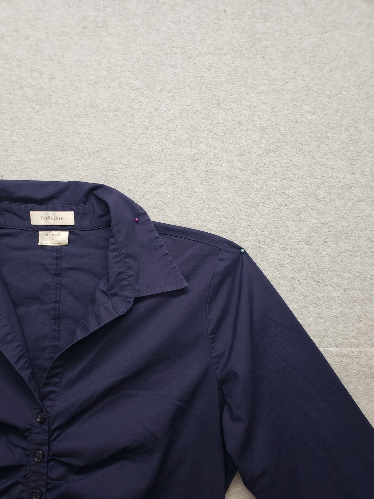 Van Hausen Women Top M Navy Blue Button Front Collared Ruched Long Sleeve Career image 3
